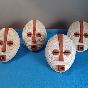 Vintage? Hand Carved Wooden African Tribal Art Mask Napkin Rings Set - Lot 5